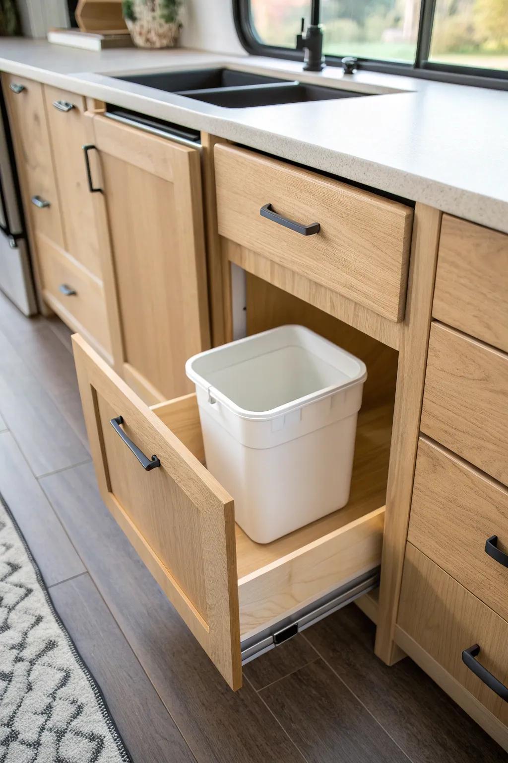 A hidden toe-kick pull-out turns “dead space” into a sleek RV trash drawer.