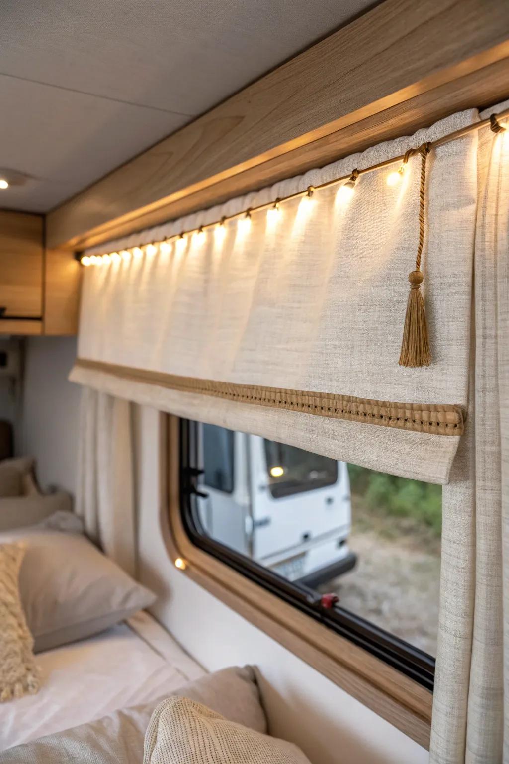 Add a hidden warm LED strip inside your RV valance for a soft, cozy window glow.