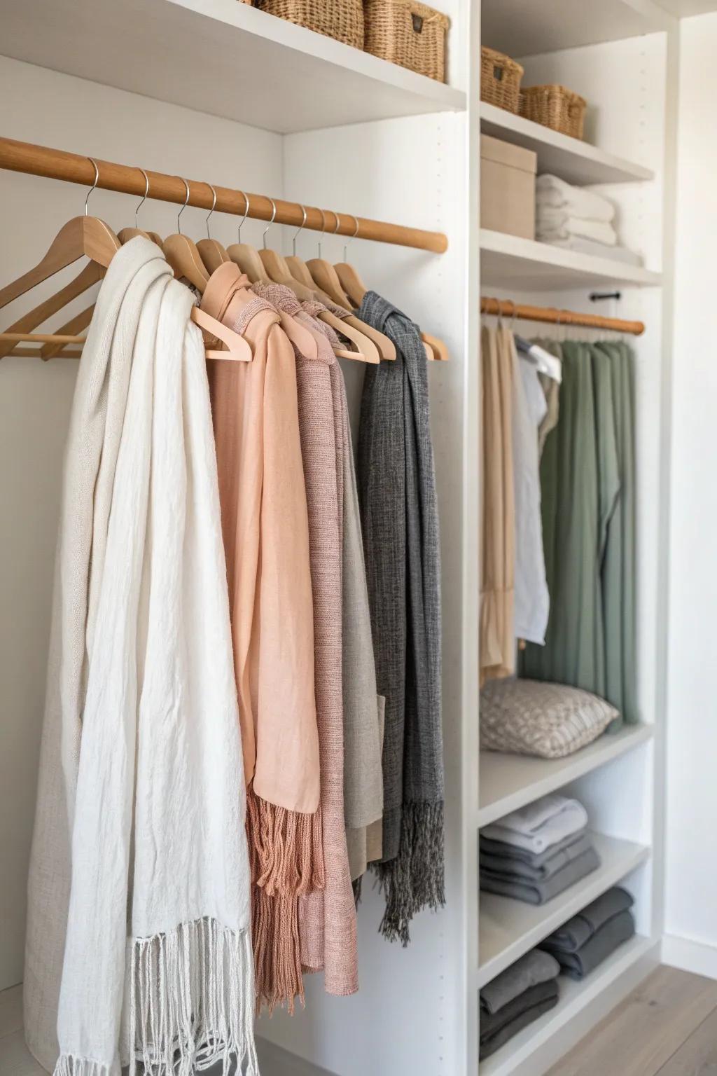 Color-gradient scarves on one closet bar: instant wow, effortless picking, and a tidier small space.