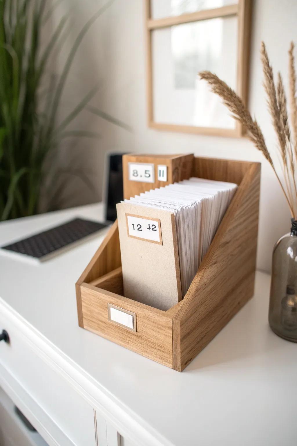 Keep 8.5x11 and 12x12 papers pristine with a slim, labeled organizer for small spaces.