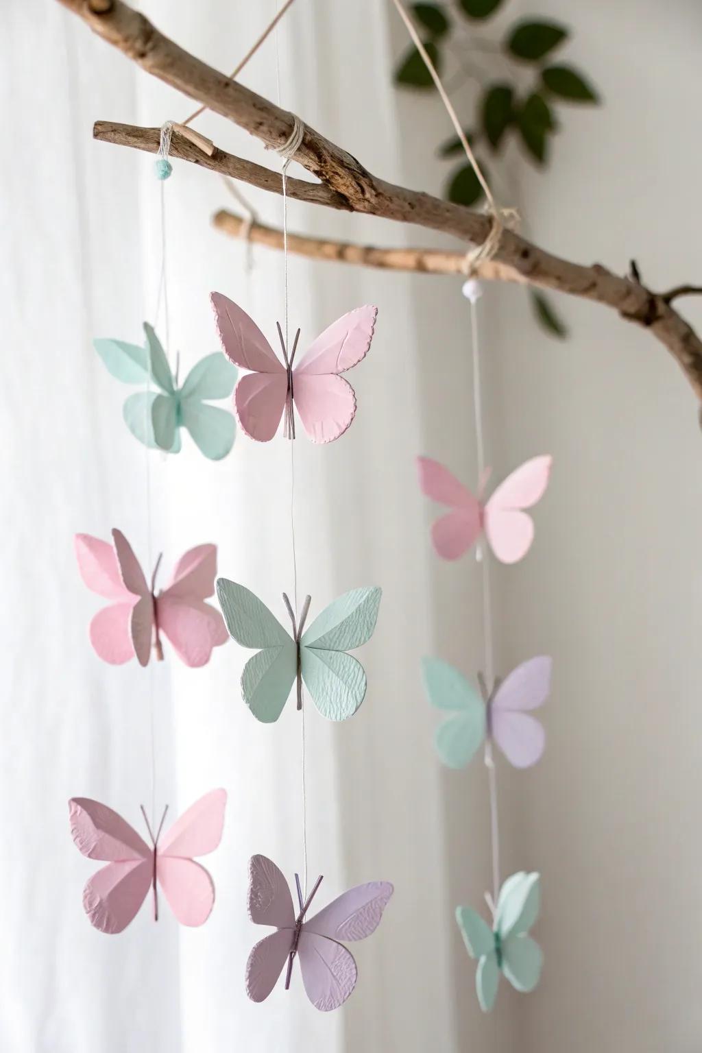 Capture the essence of spring with this charming butterfly mobile, a perfect blend of simplicity and natural elegance.