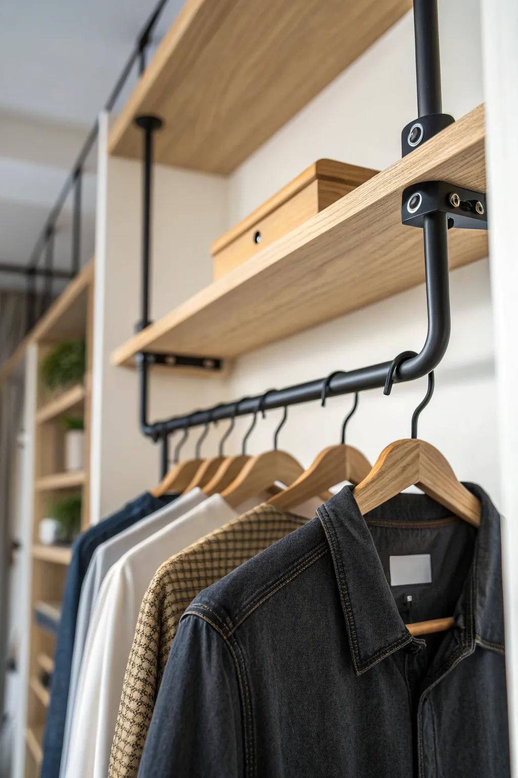 Space-saving flip-down hanging bar: guest-ready storage that tucks away in seconds.