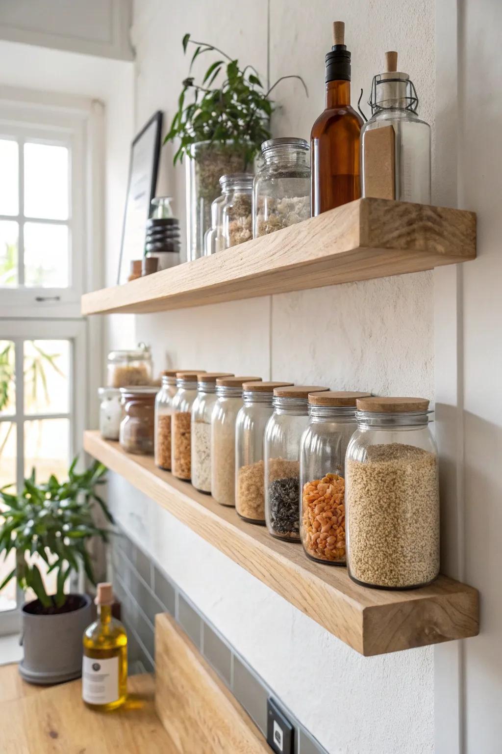 Turn a simple picture ledge into a shallow wall pantry—pretty staples that double as decor.