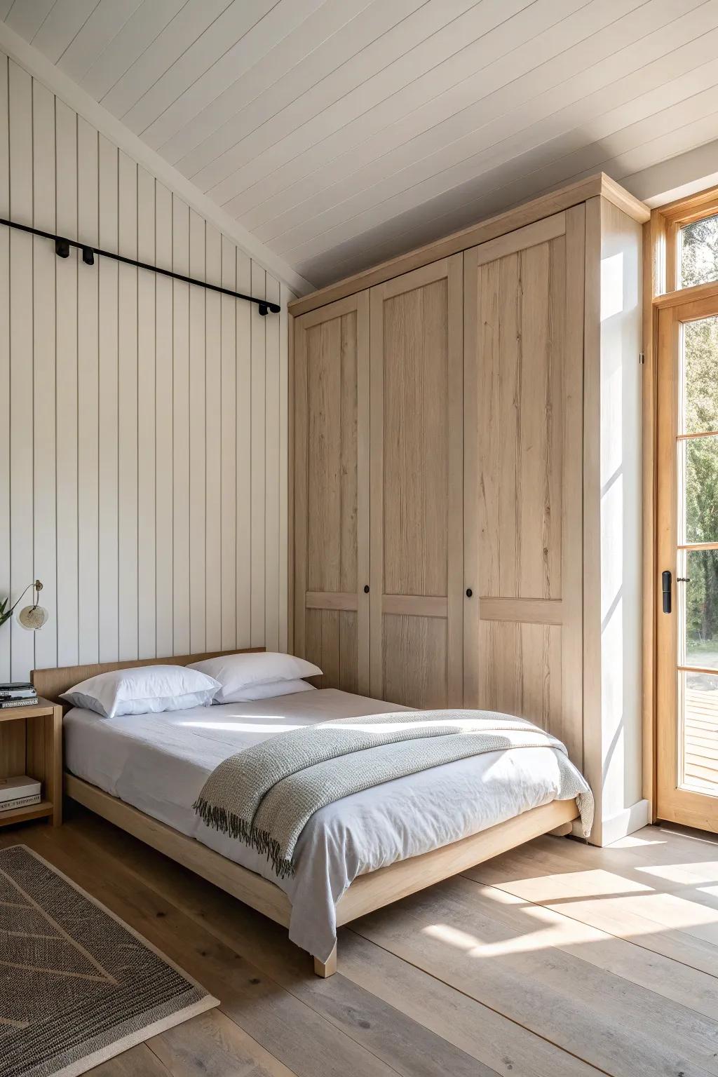 A Murphy bed hidden in warm wood paneling—studio by day, cozy shed sanctuary by night.