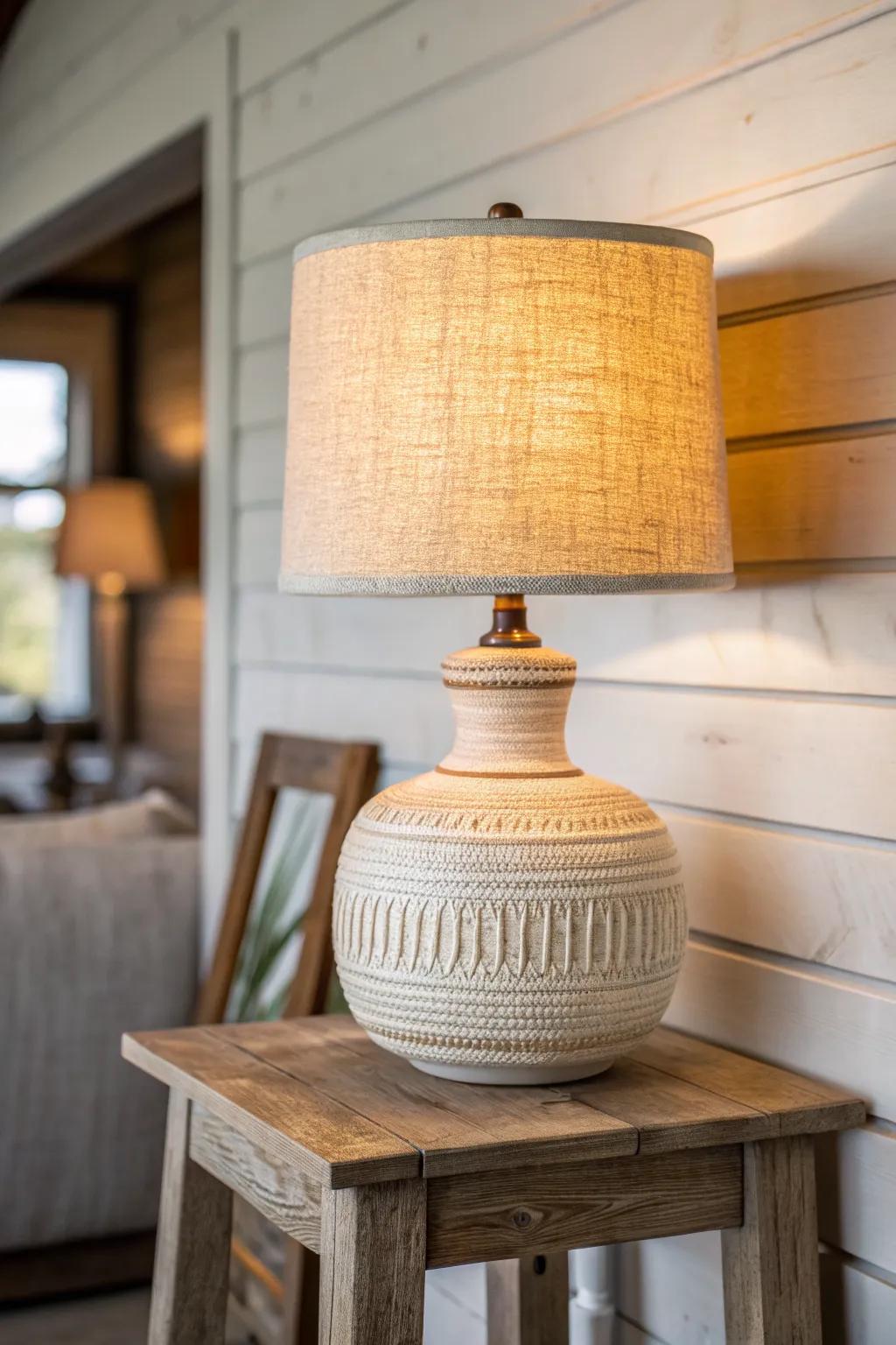 Layer warm lamps to make simple wood walls feel luxe and cozy in a tiny shed cabin.