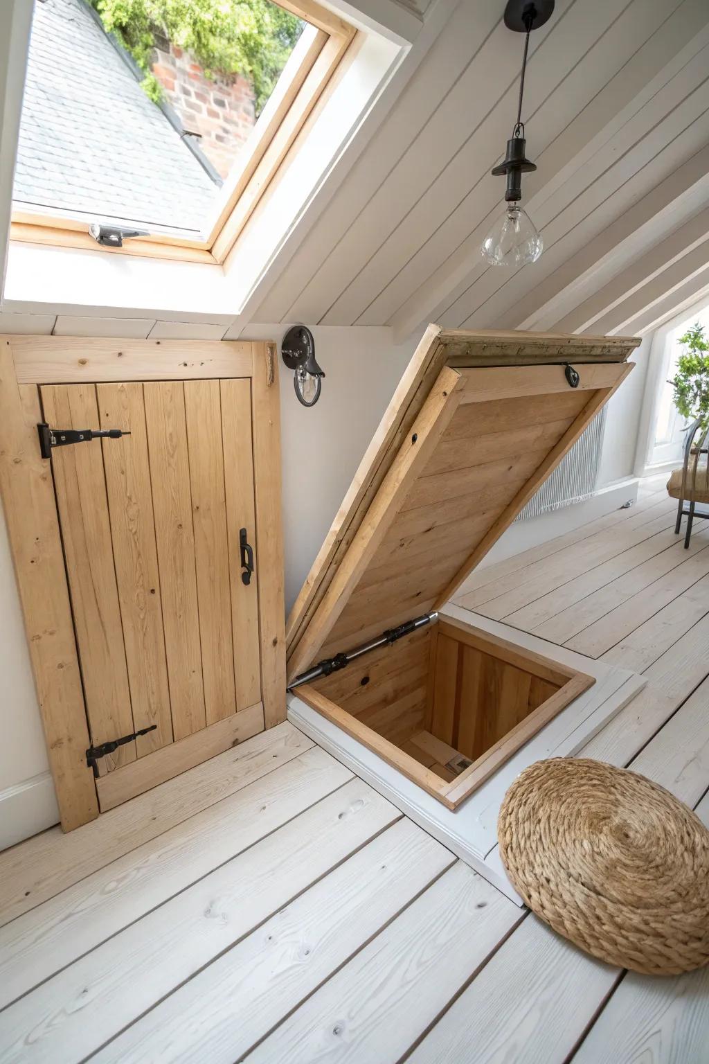 A seamless trapdoor hatch keeps loft access hidden—clean lines, calm space, smart storage.