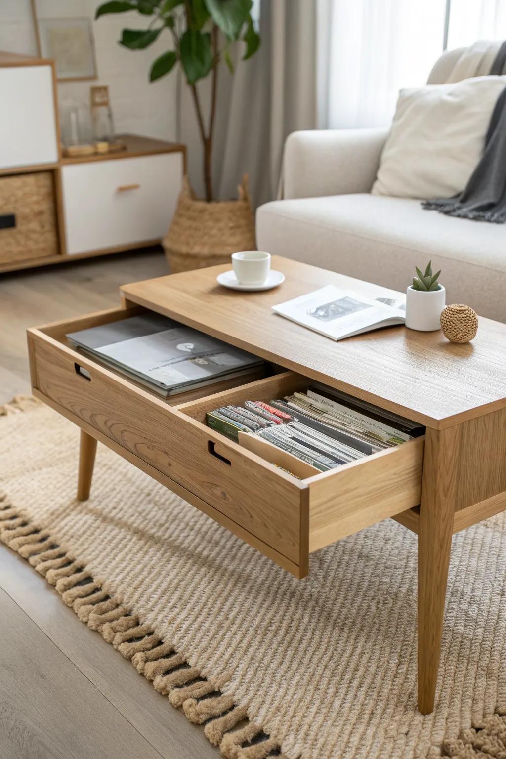 A sleek coffee table with hidden filing keeps sheet music folders close—without visual clutter.