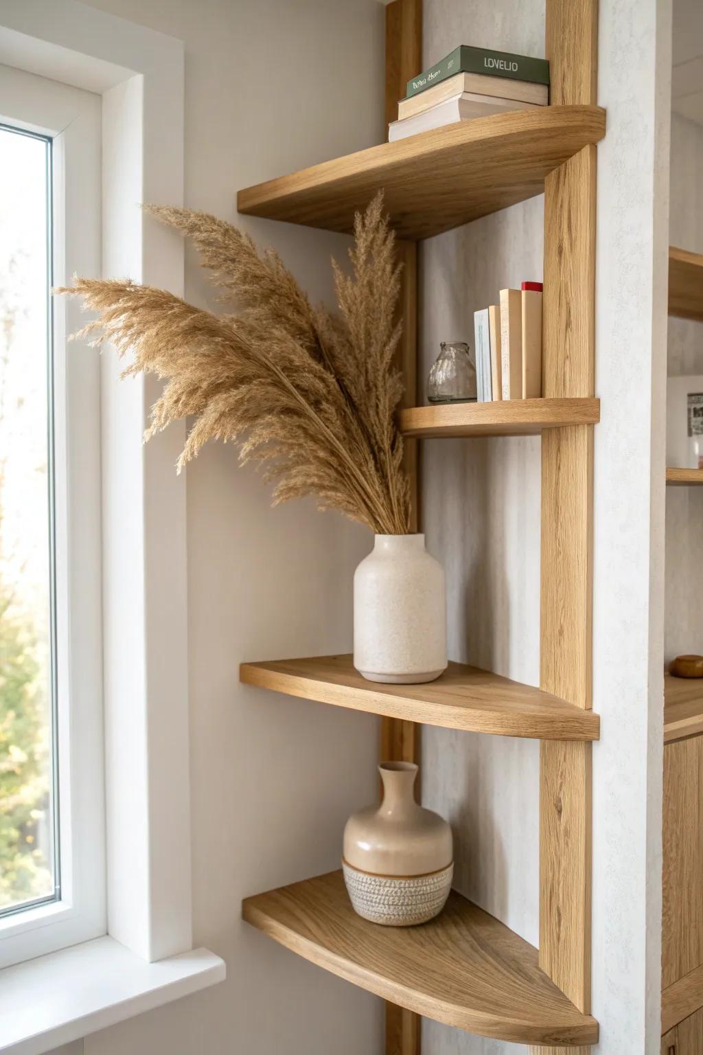 Wraparound corner shelves add an architectural wow and make small living rooms feel wider.
