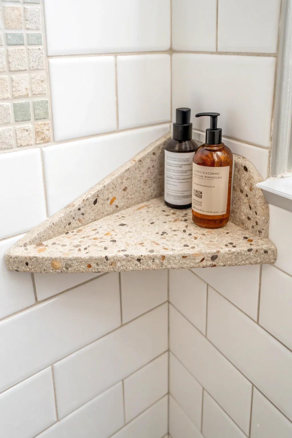 DIY a sloped shower corner shelf from leftover stone—custom look, clean lines, zero pooling.