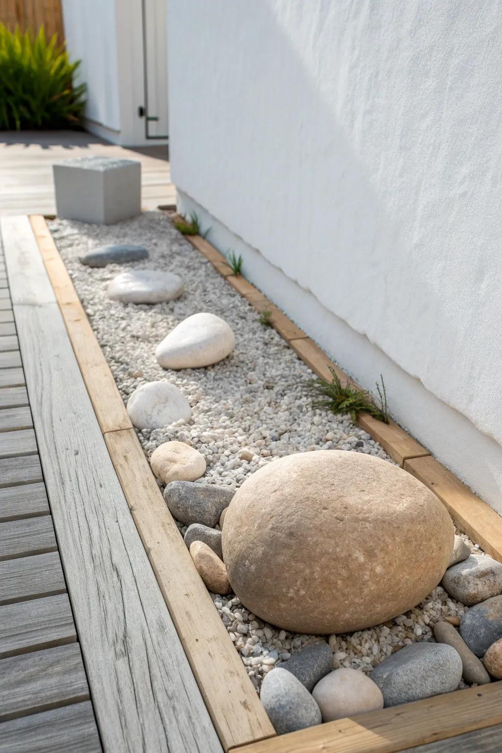 Turn a side patio edge into a calming zen gravel strip with one sculptural statement rock.