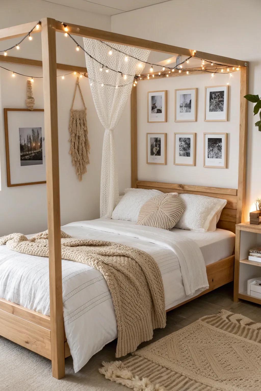 Gallery-canopy wall art + warm lights make a tiny dorm bed feel like a cozy destination.