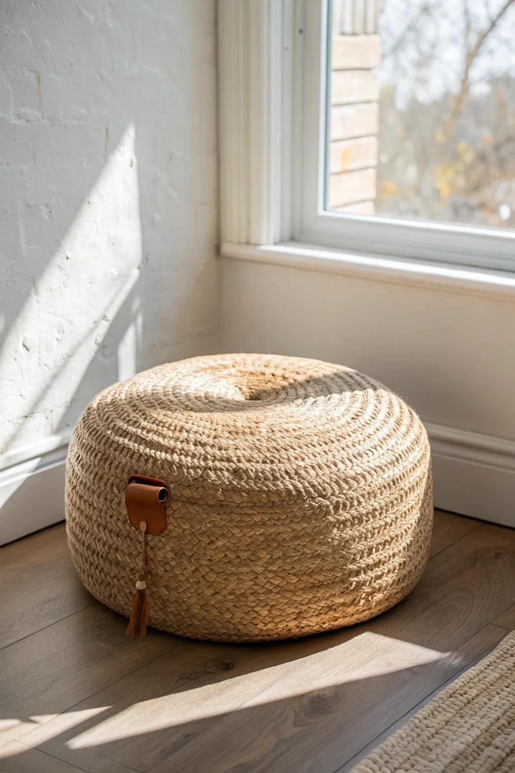 Roll-away woven pouf: extra guest seating that tucks away fast in a single wide living room.