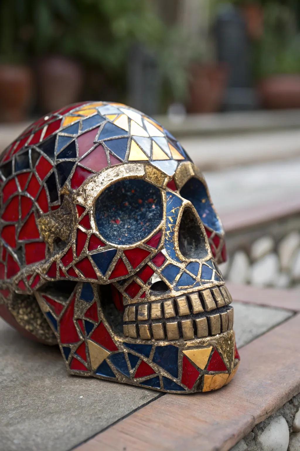 Transform broken pieces into a masterpiece with skull mosaic art.