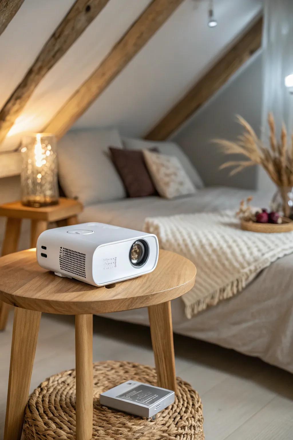 Turn the slanted ceiling into a cozy movie wall—one tiny projector, zero bulky furniture.