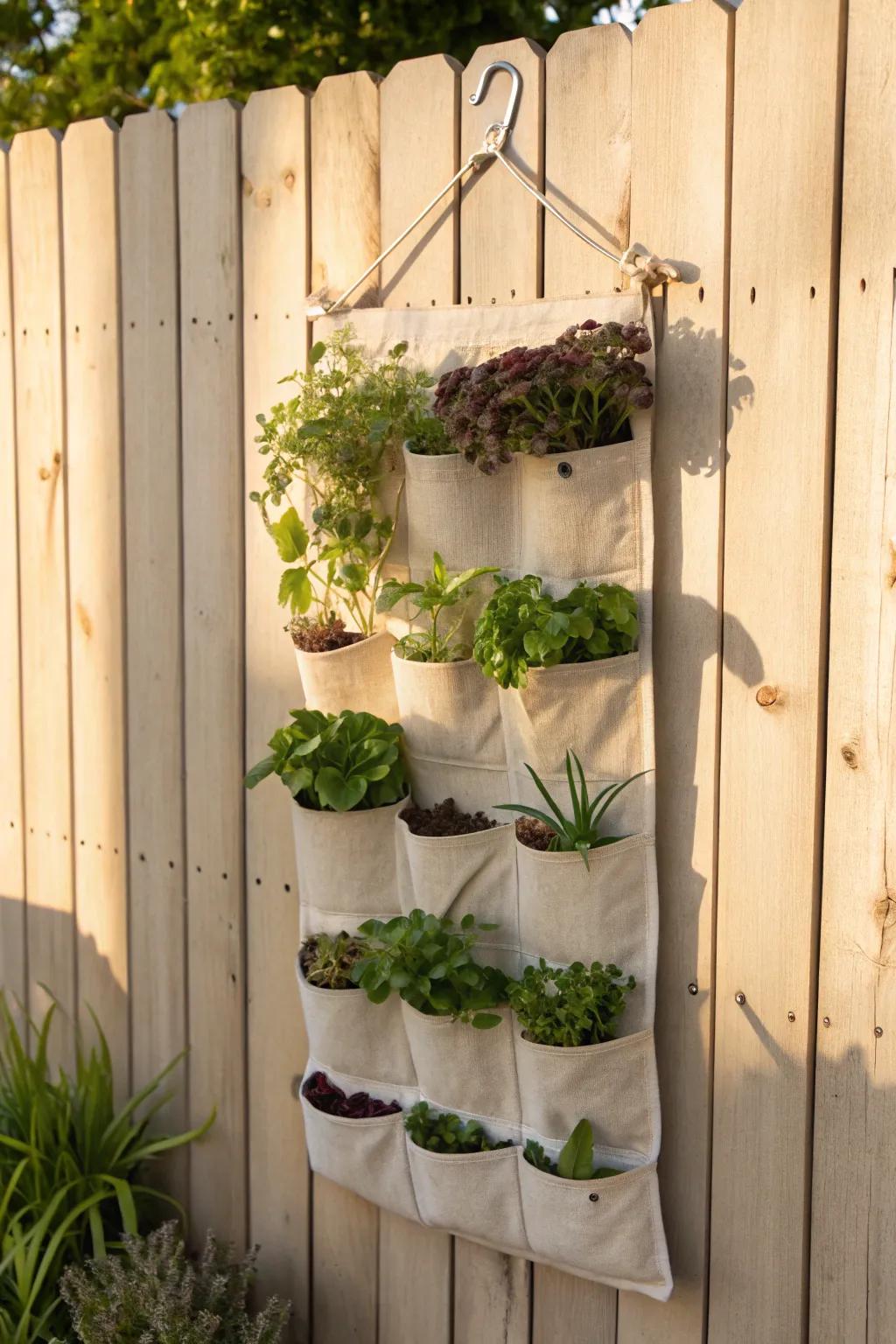 Turn a blank fence into a chic pocket produce wall—fresh herbs and greens in tiny spaces.