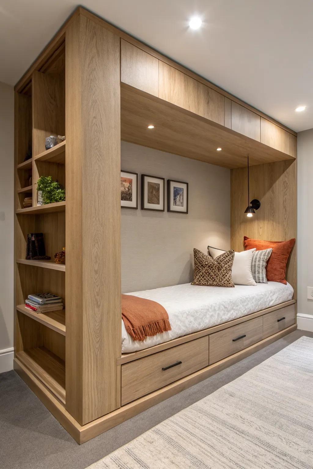A built-in daybed alcove adds instant guest-room energy to a small basement—cozy, not cramped.