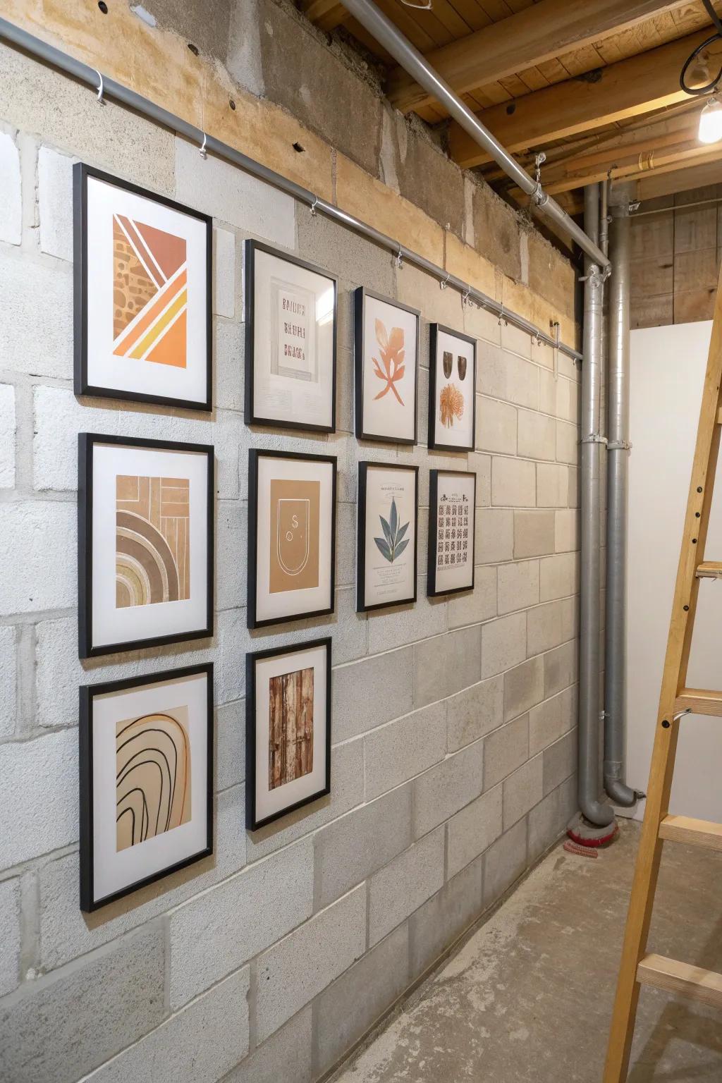 Budget basement fix: a thrifted-frame gallery wall that makes unfinished walls disappear.