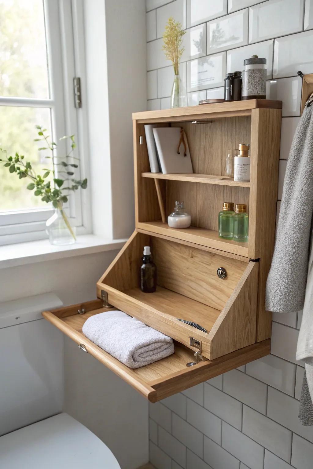 A flip-down oak shelf creates a fold-away vanity spot—perfect for tiny pedestal-sink bathrooms.