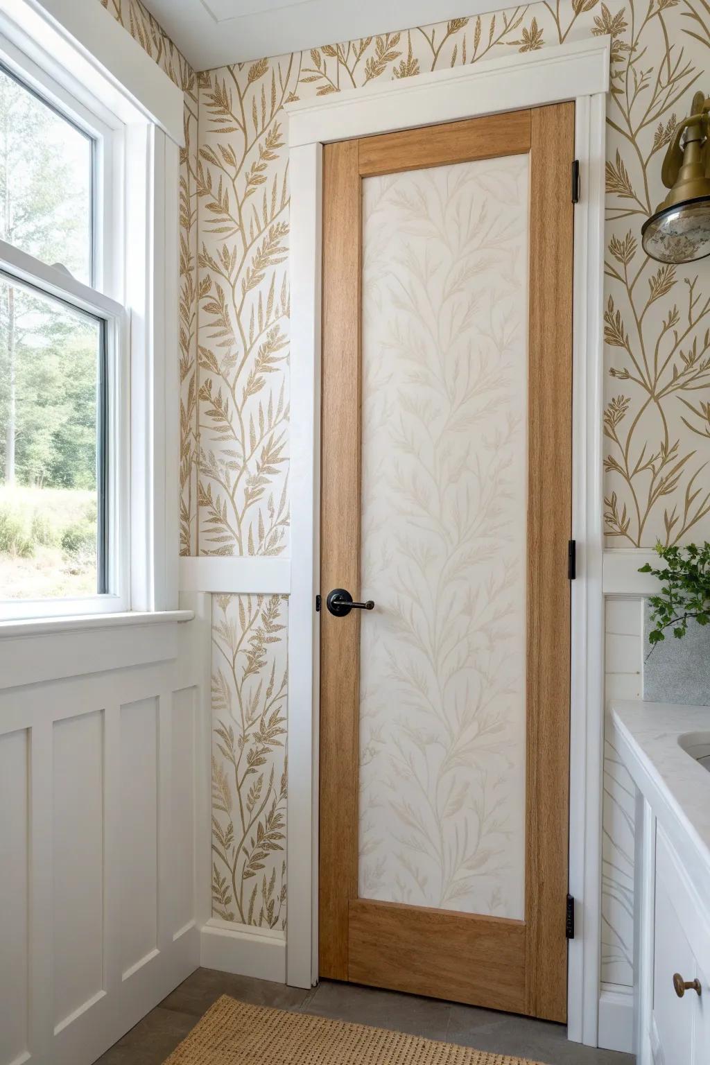 Wallpaper-wrapped bathroom door: a space-saving statement that makes a tiny bath feel custom.