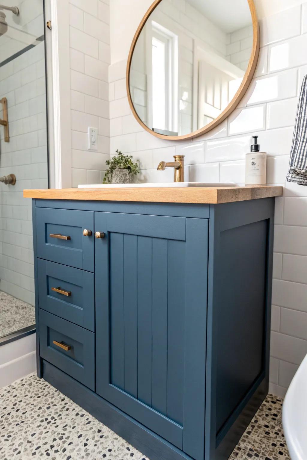 Mirrored toe-kick under a blue vanity reflects light and makes a tiny bathroom feel bigger.