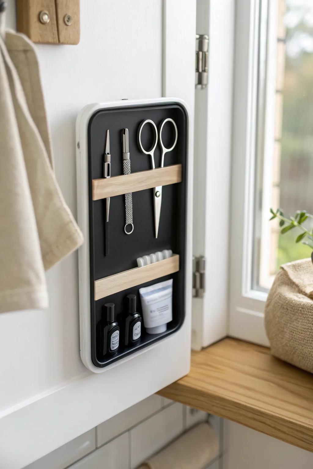 A magnetic strip inside the cabinet keeps tiny tools perfectly lined up—no more disappearing.