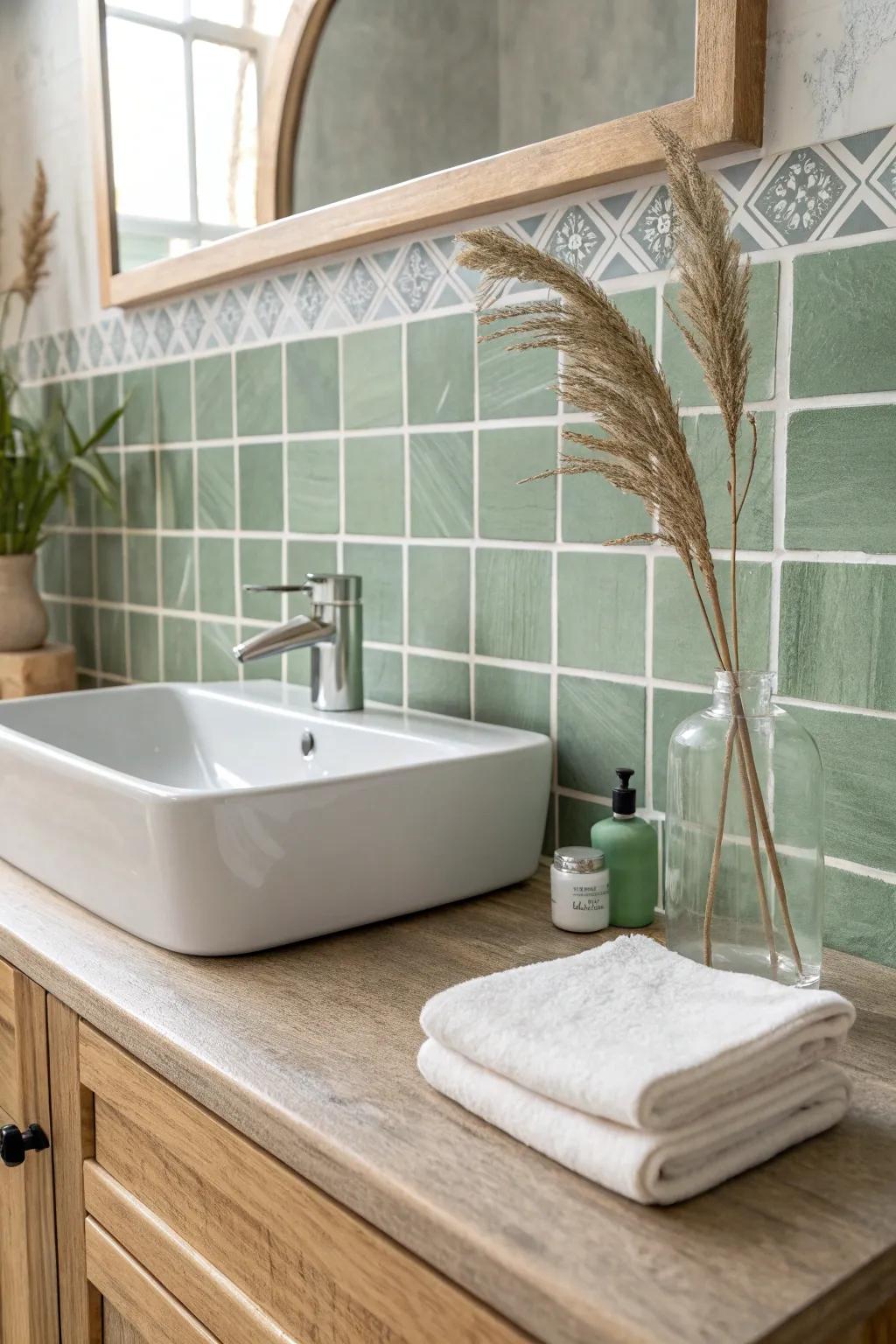Paint a faux tile grid behind the sink for instant character—perfect for tiny rental baths.