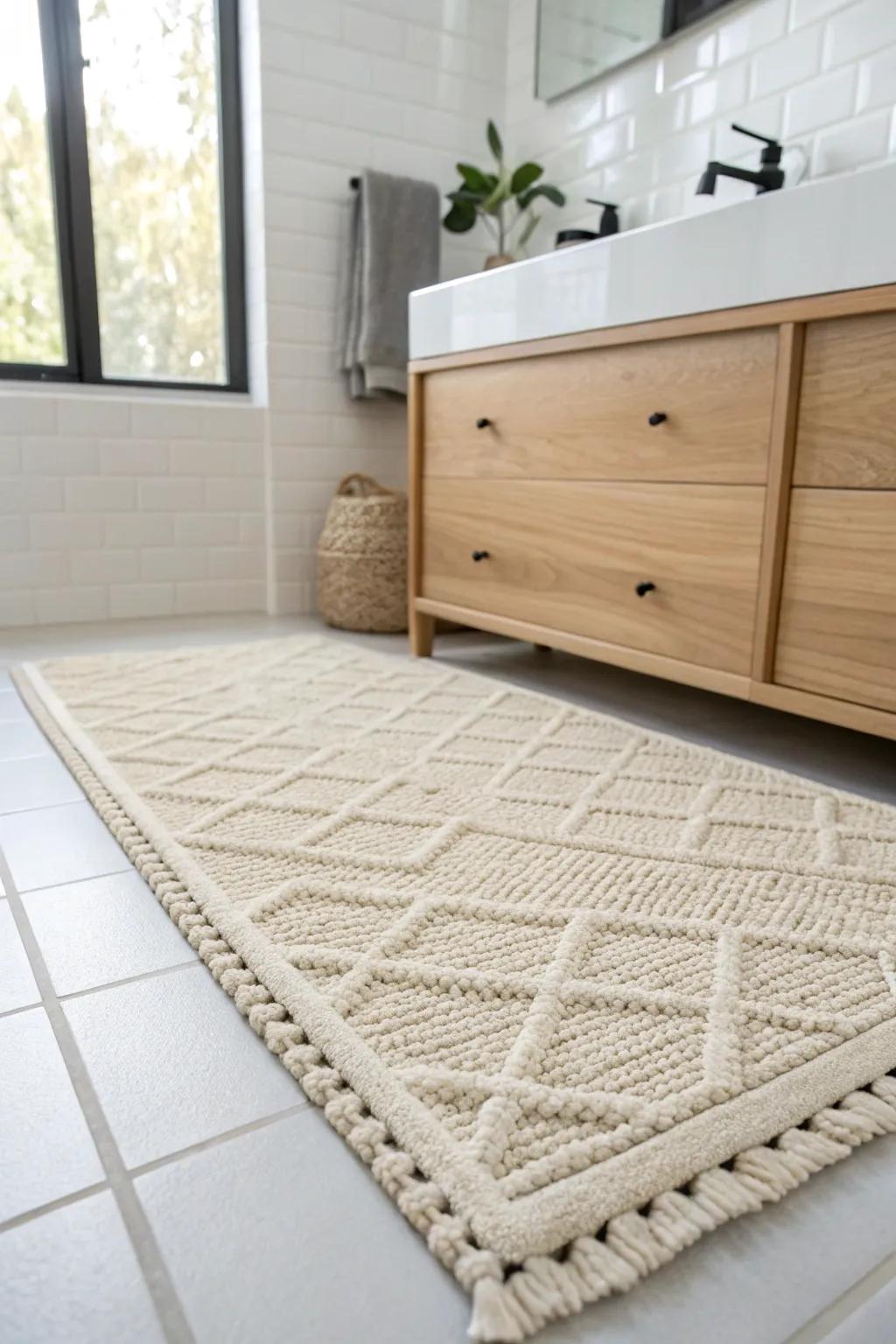 A custom cut-to-fit rug with a clean bound edge—perfect for quirky vanity jogs in small bathrooms.