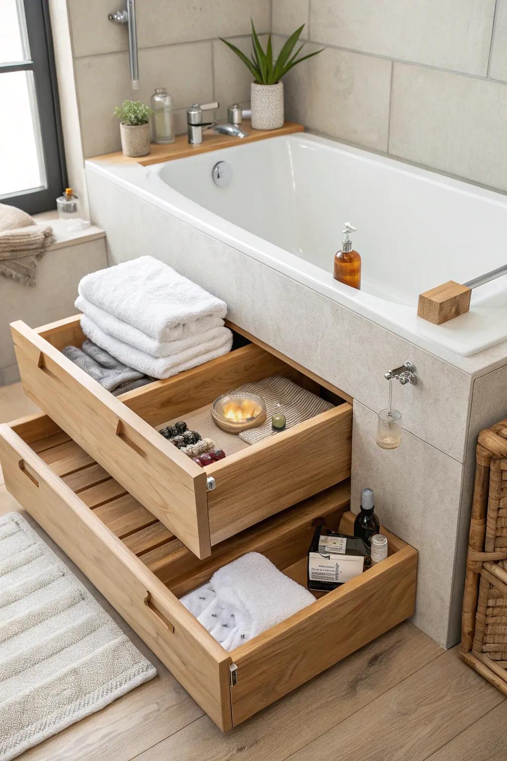 Built-in storage steps make a small tub feel custom—stash towels and supplies out of sight.