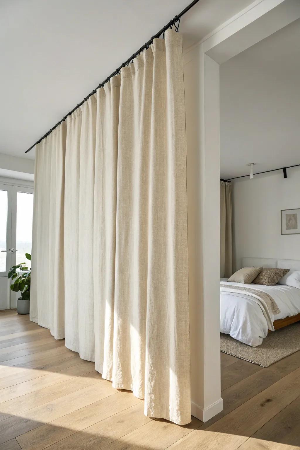 A ceiling-mounted linen curtain creates a cozy “off switch” between work and sleep.