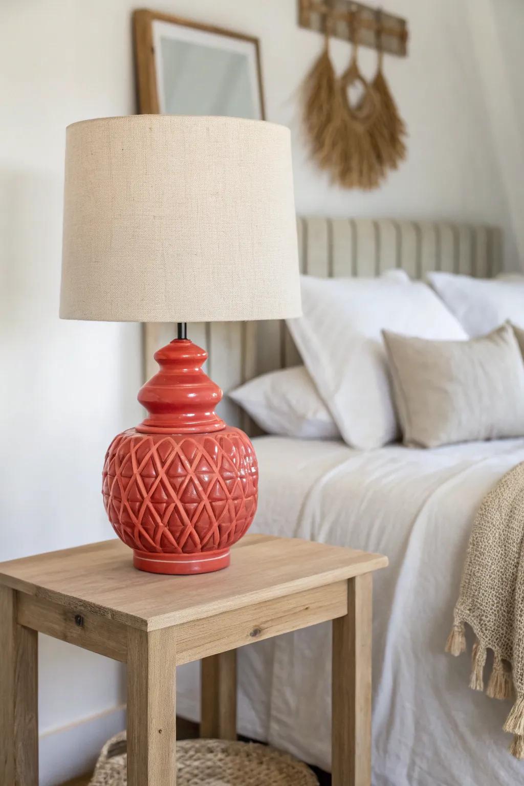 One bold lamp in a tiny neutral bedroom adds instant personality and cozy glow.