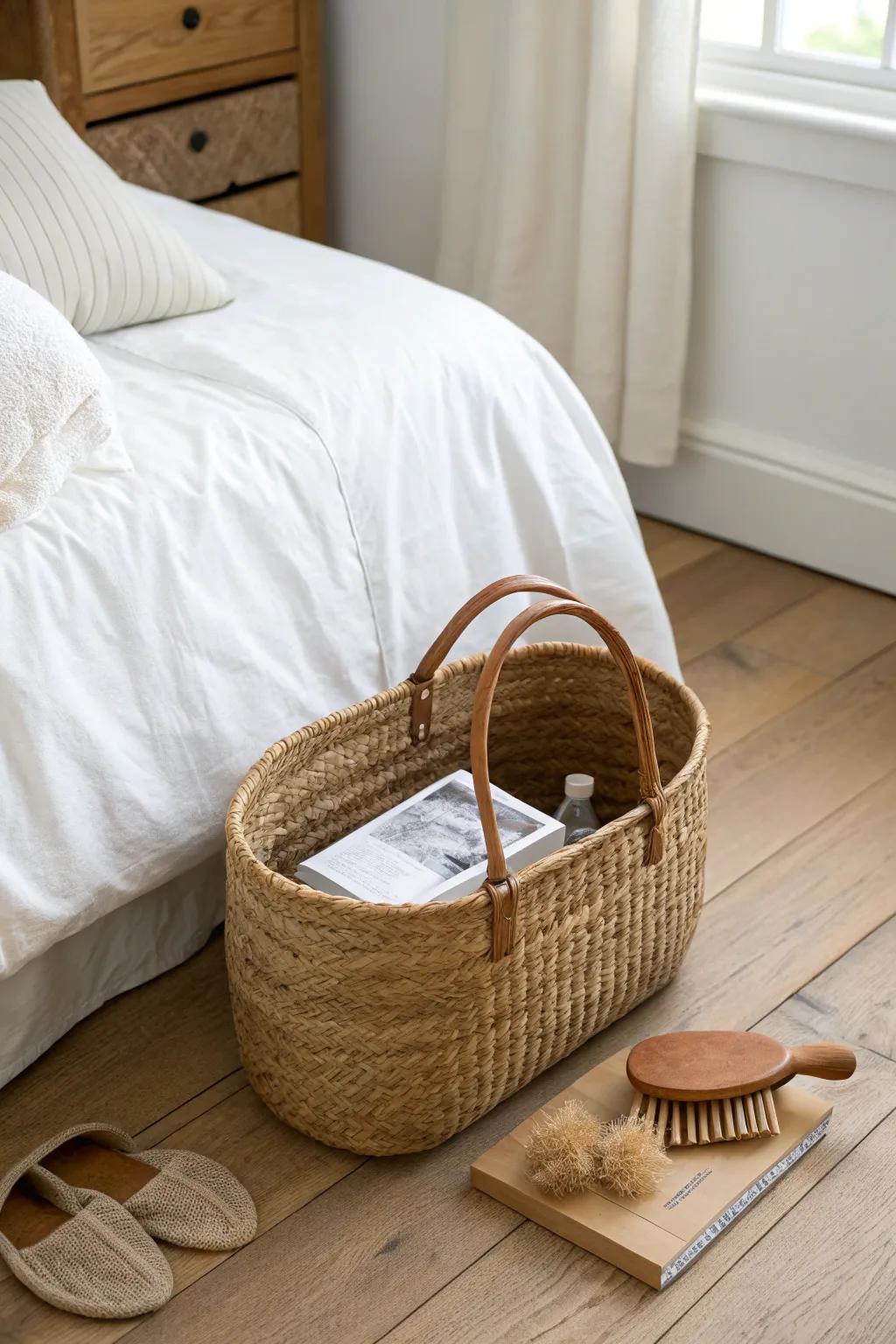 A chic one-minute reset basket that keeps small-bedroom clutter under control overnight.