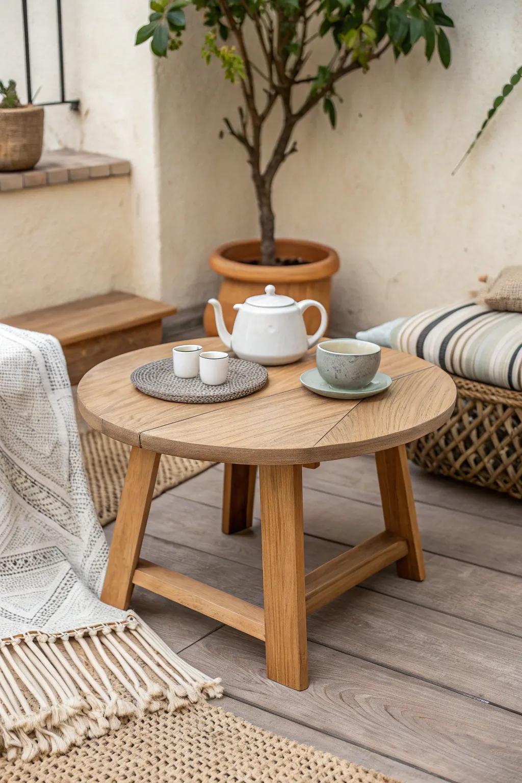 Mini floor-table tea spot: a cozy boho patio nook made for small spaces and slow mornings.