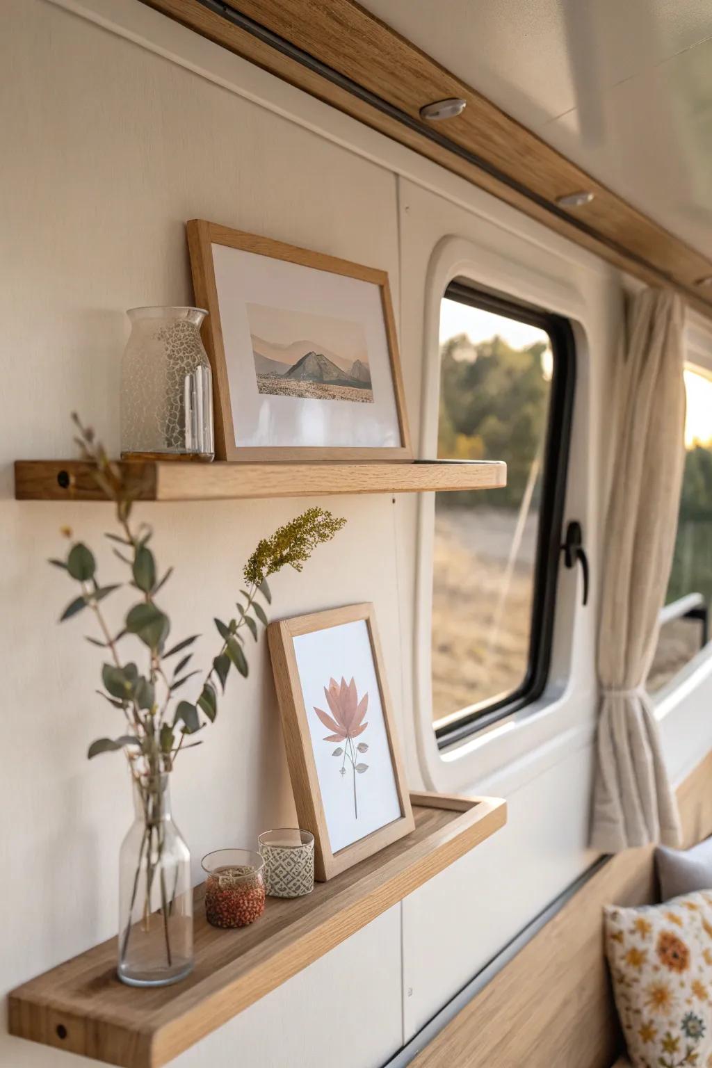 A slim picture ledge adds layered decor without stealing precious space in a small camper.