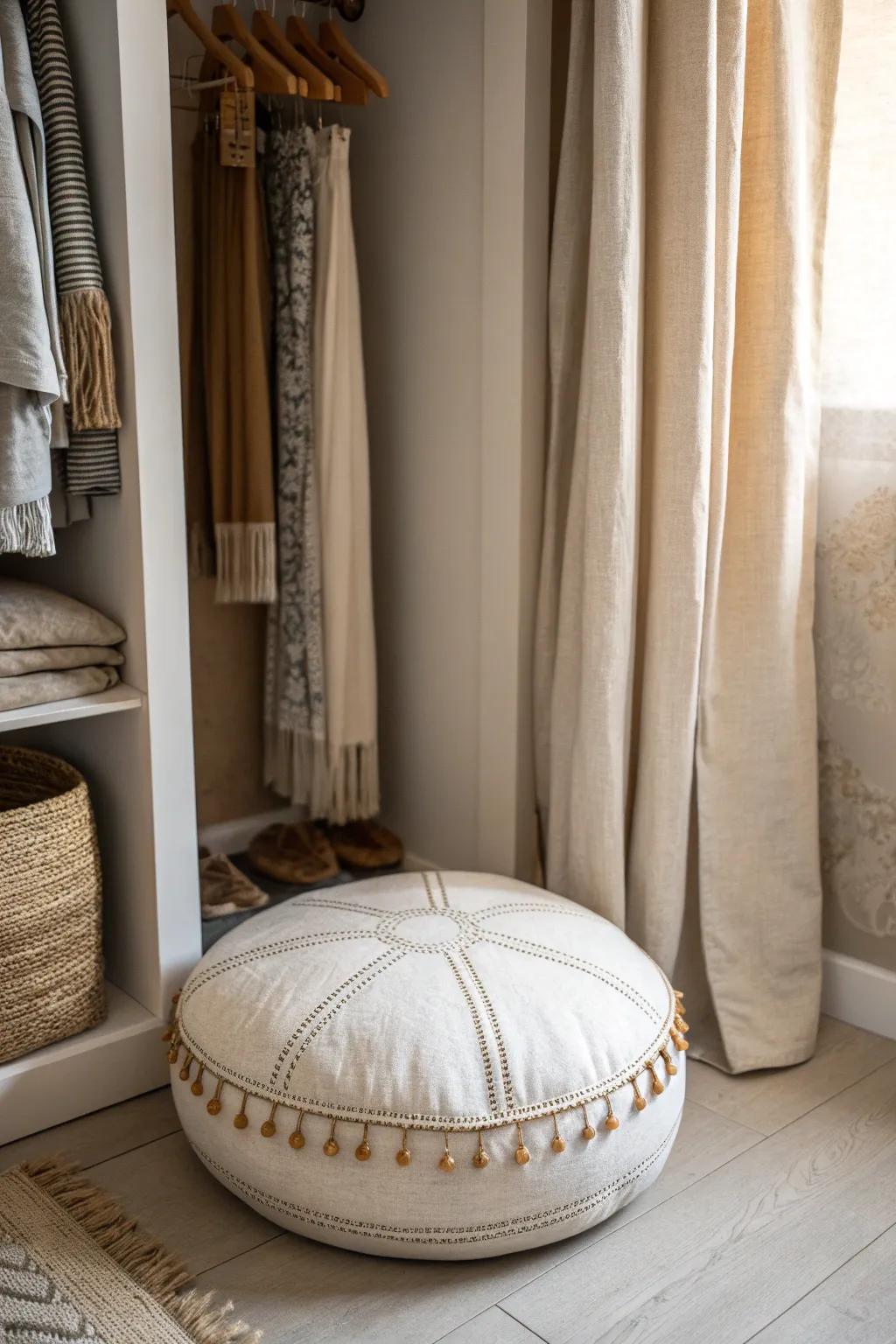 A tiny closet nook, one plush floor cushion, and soft textiles—your two‑minute calm reset.