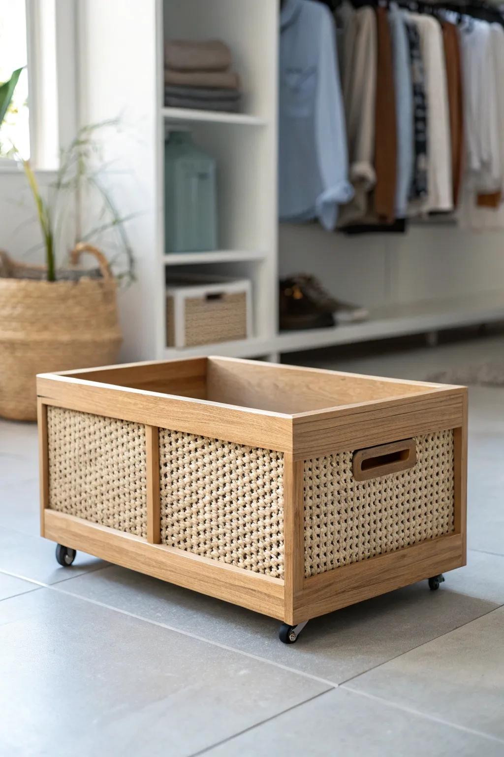 A low rolling bin turns wasted closet floor space into a pull-out drawer for essentials.