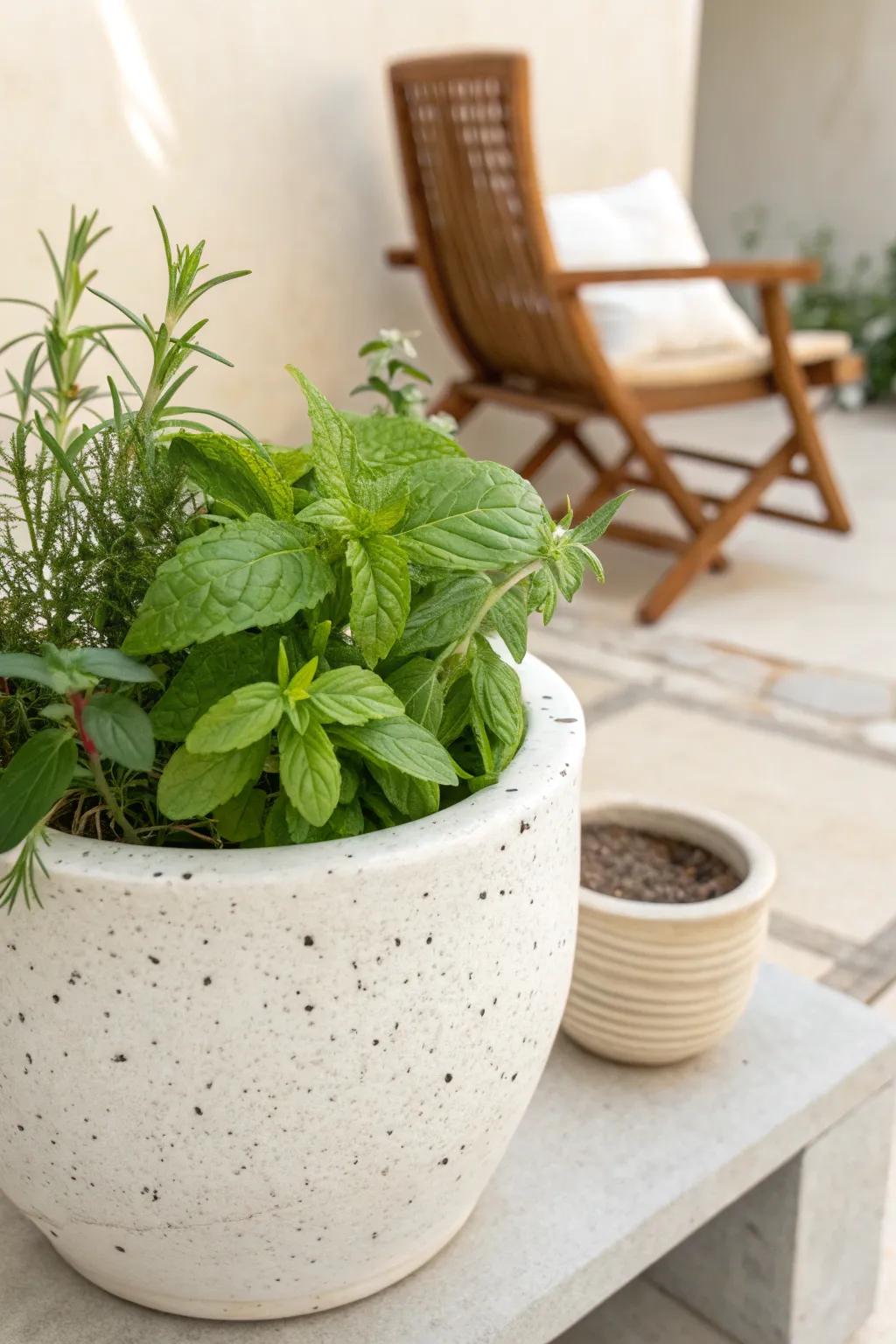 Turn a tiny corner patio into a tea garden with one beautiful herb pot beside your chair.