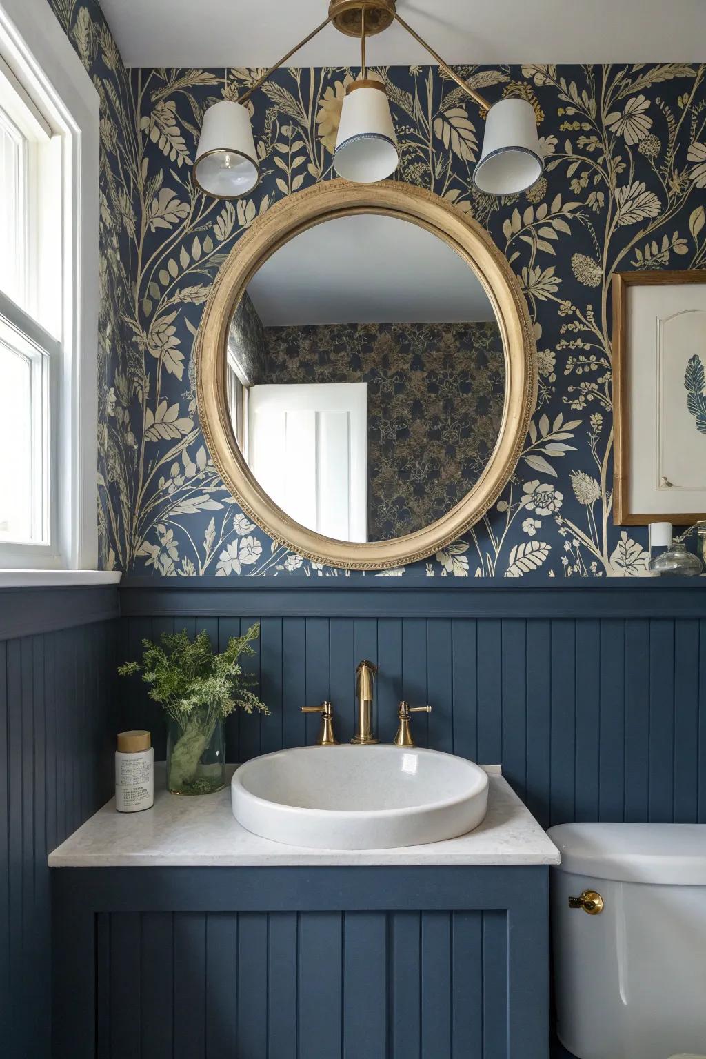 Moody wallpaper over navy wainscoting brings cozy drama to a small bath—add warm brass glow.