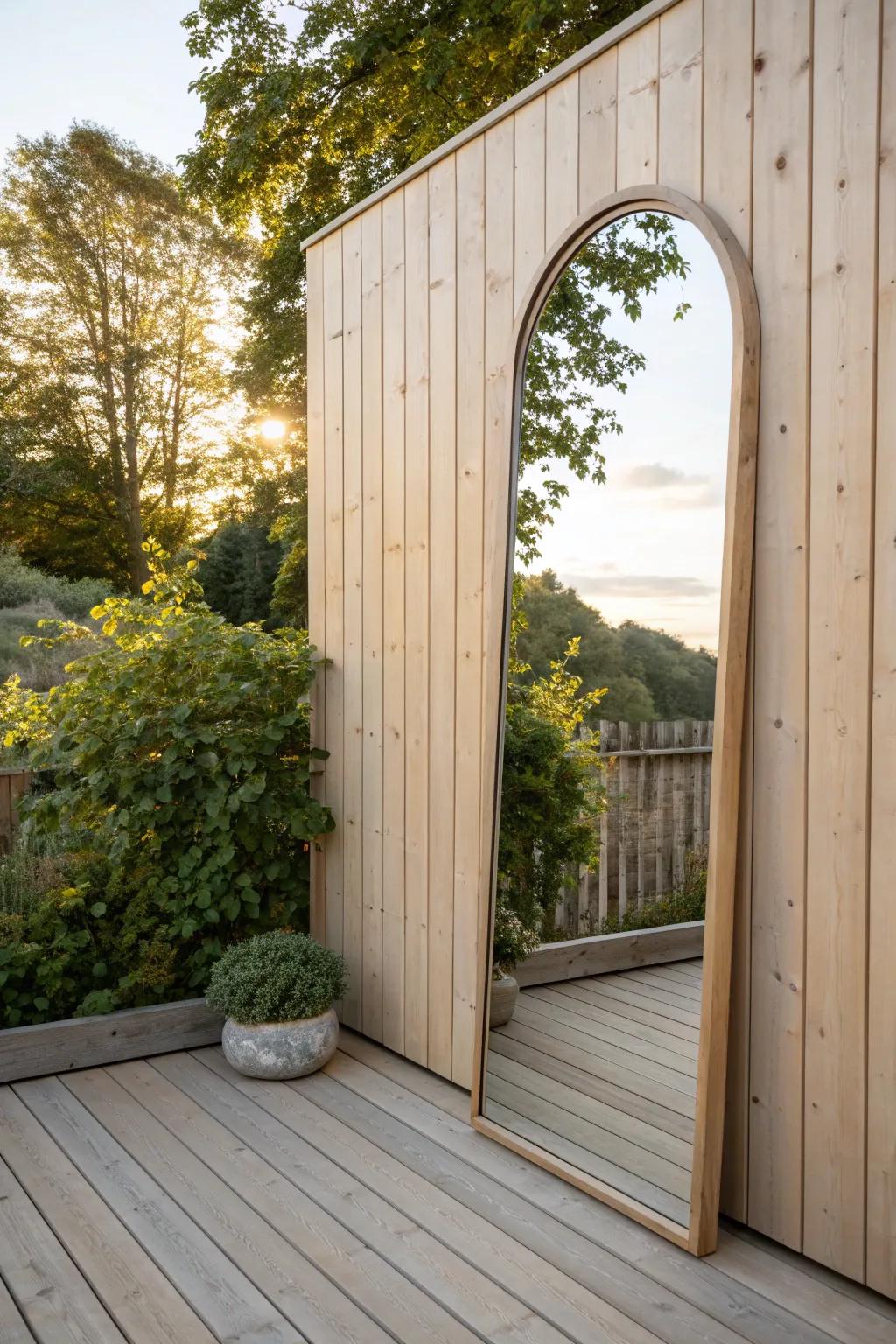 A weather-safe mirror panel turns a tight deck corner into a dreamy, deeper-looking nook.