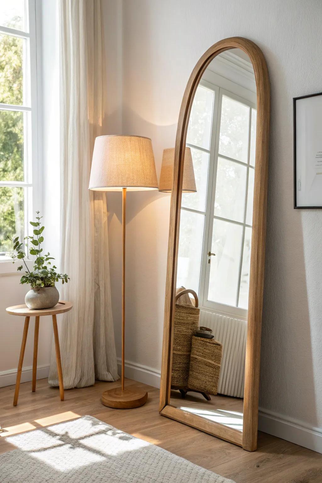 Arched mirror magic: reflect lamp light to make your small den feel twice as bright.