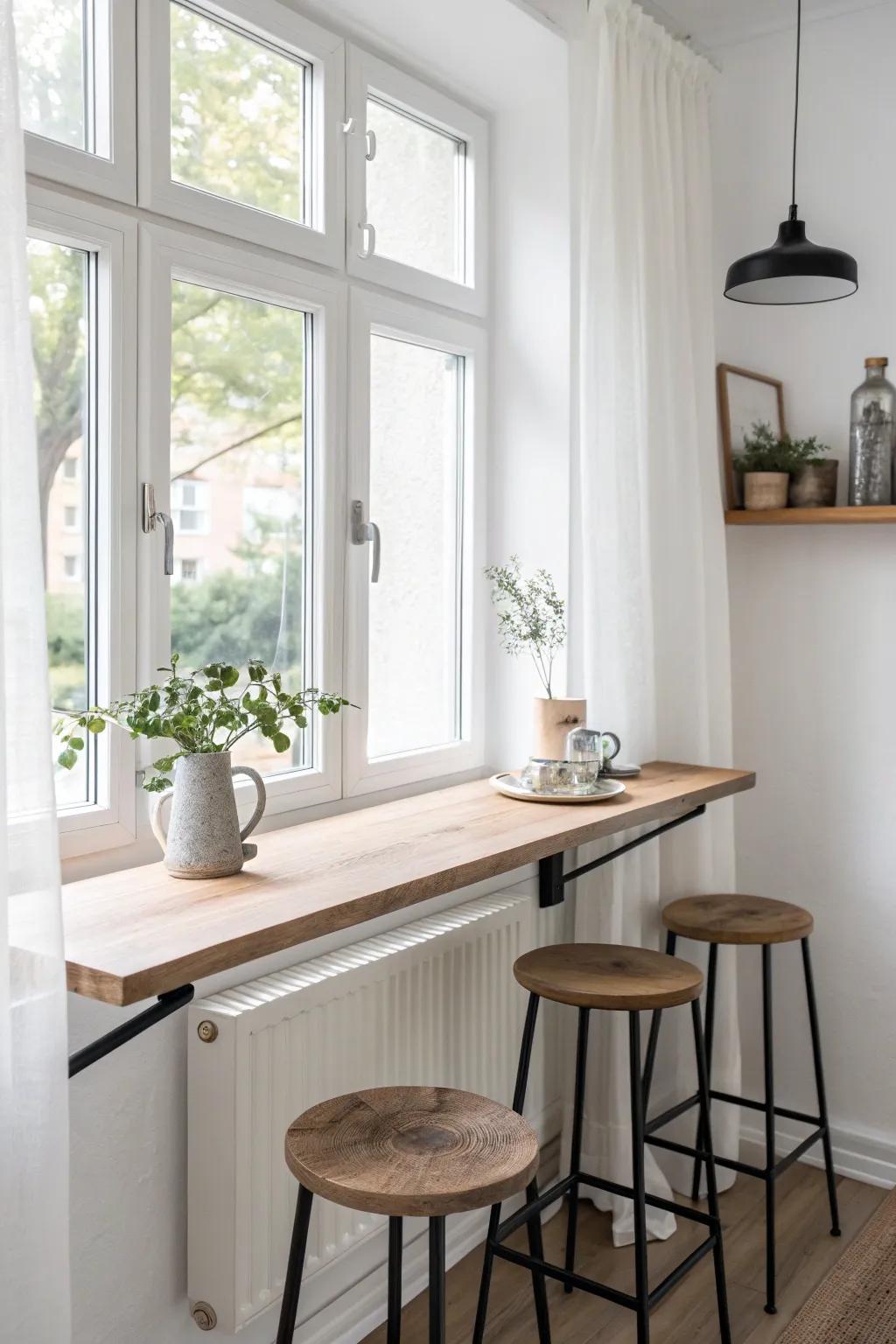 Floating oak window bar creates a tiny café-style dining spot—no table footprint, just light and view.