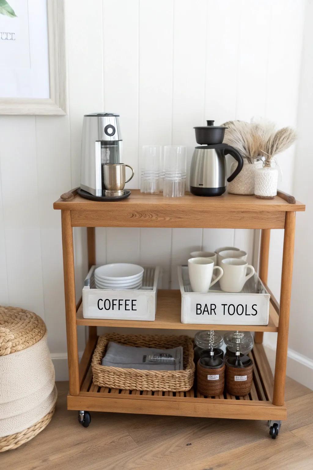 One slim cart, two moods: coffee by day, cocktails by night—small-space perfection.