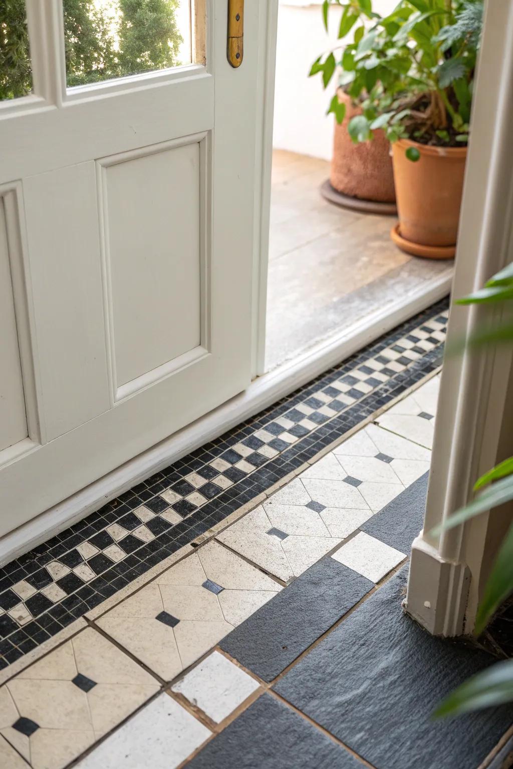 A bold tile threshold stripe that defines your entry—small-space foyer magic in one detail.