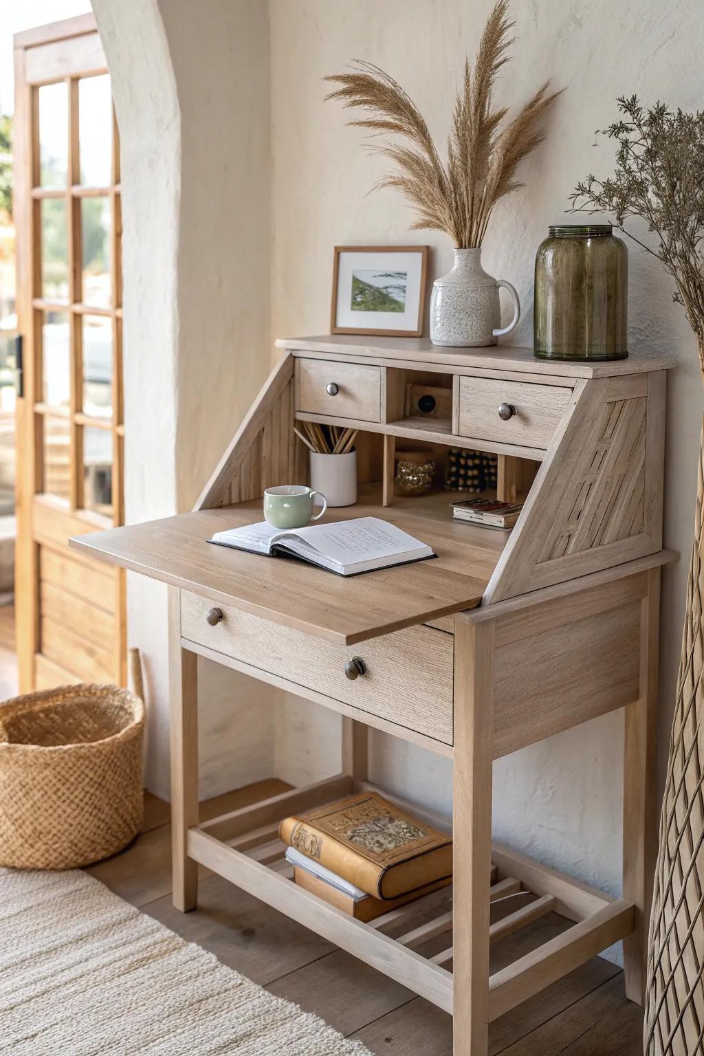 A drop-leaf farmhouse desk that folds away—instant hidden office nook for small living rooms.