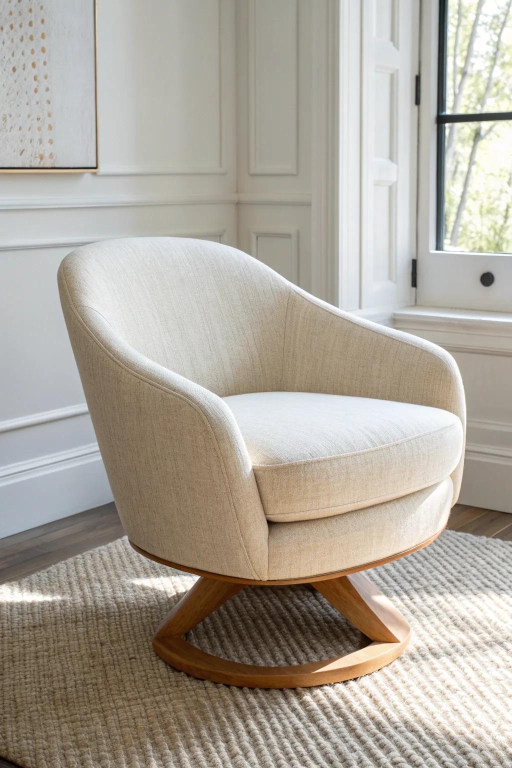 A swivel accent chair makes hosting easy—guests turn to chat without extra seating clutter.