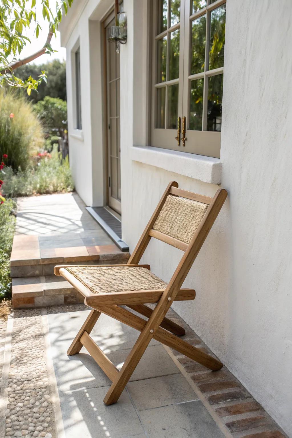 A fold-down wall chair adds instant porch seating—then tucks away flat for tiny stoops.