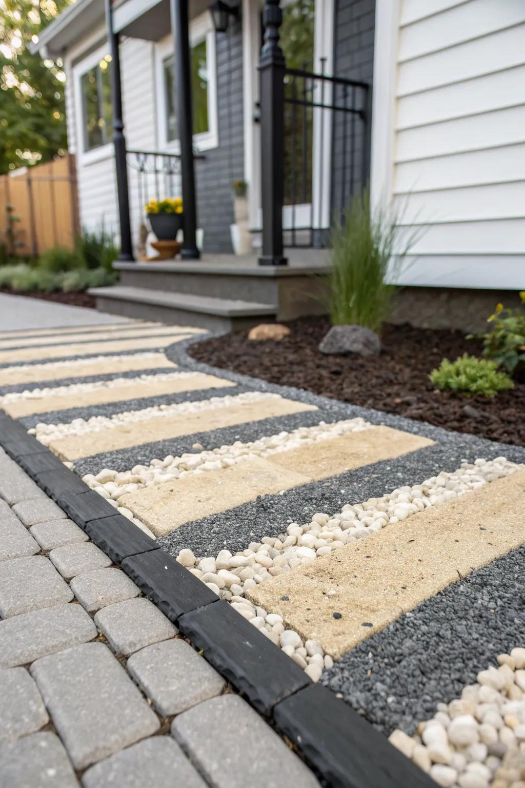 Two-tone gravel stripes with sleek edging create a townhouse front yard rug—crisp, modern, tidy.