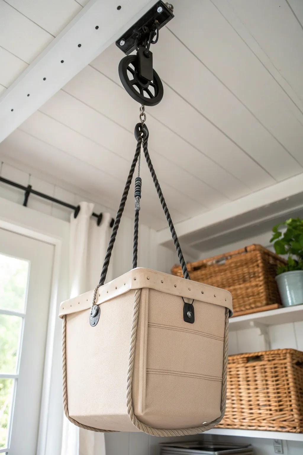 Lift bulky bins overhead with a ceiling hoist and instantly free up precious garage floor space.