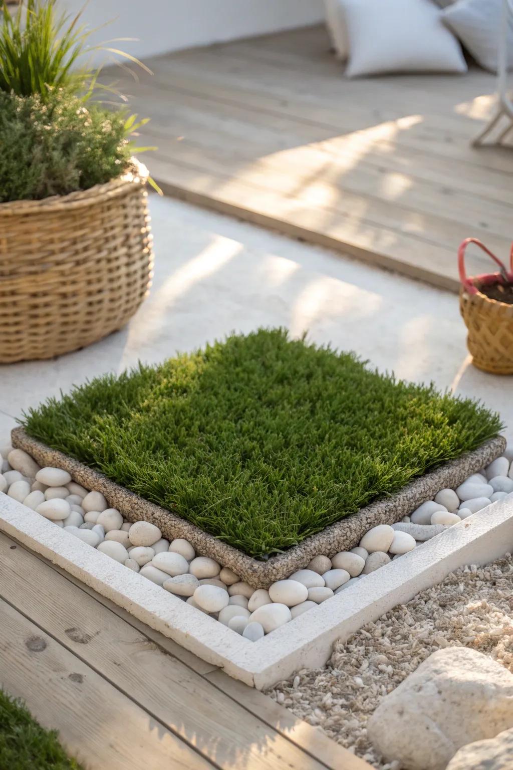 A floating turf “island” framed by smooth pebbles—tiny courtyard, big design impact.