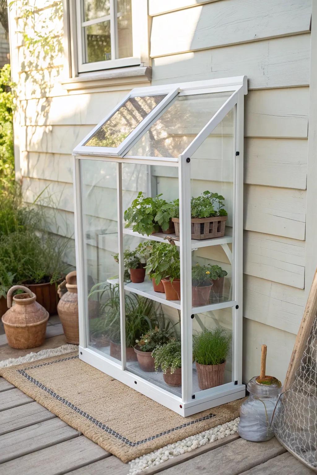 Mirror-backed mini greenhouse: a simple trick to bounce light into shady shelves.
