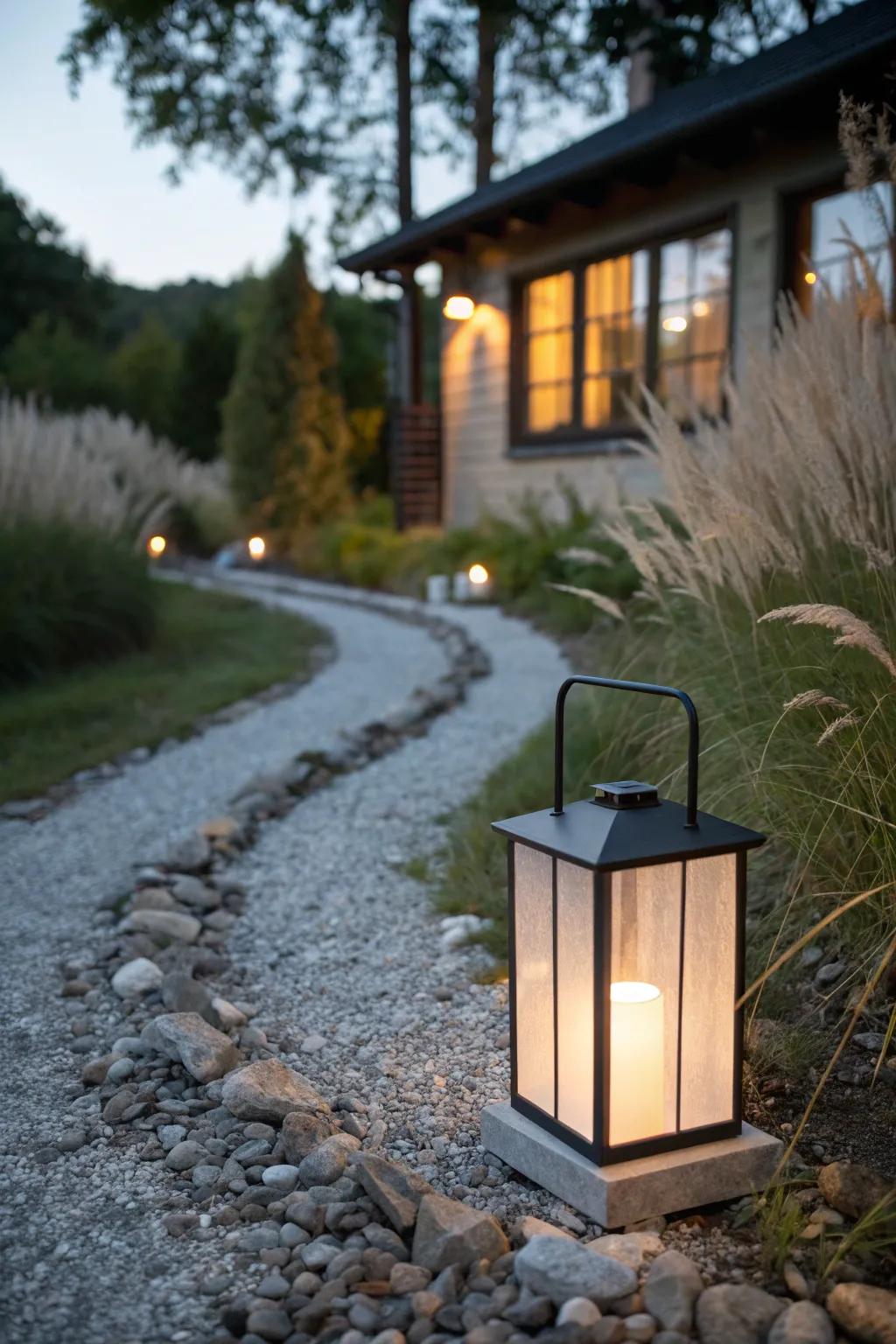 A warm pathway lantern makes a tiny guest house feel private, welcoming, and separate at night.